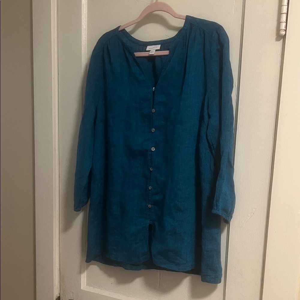 Teal Button-Front Linen Tunic Top